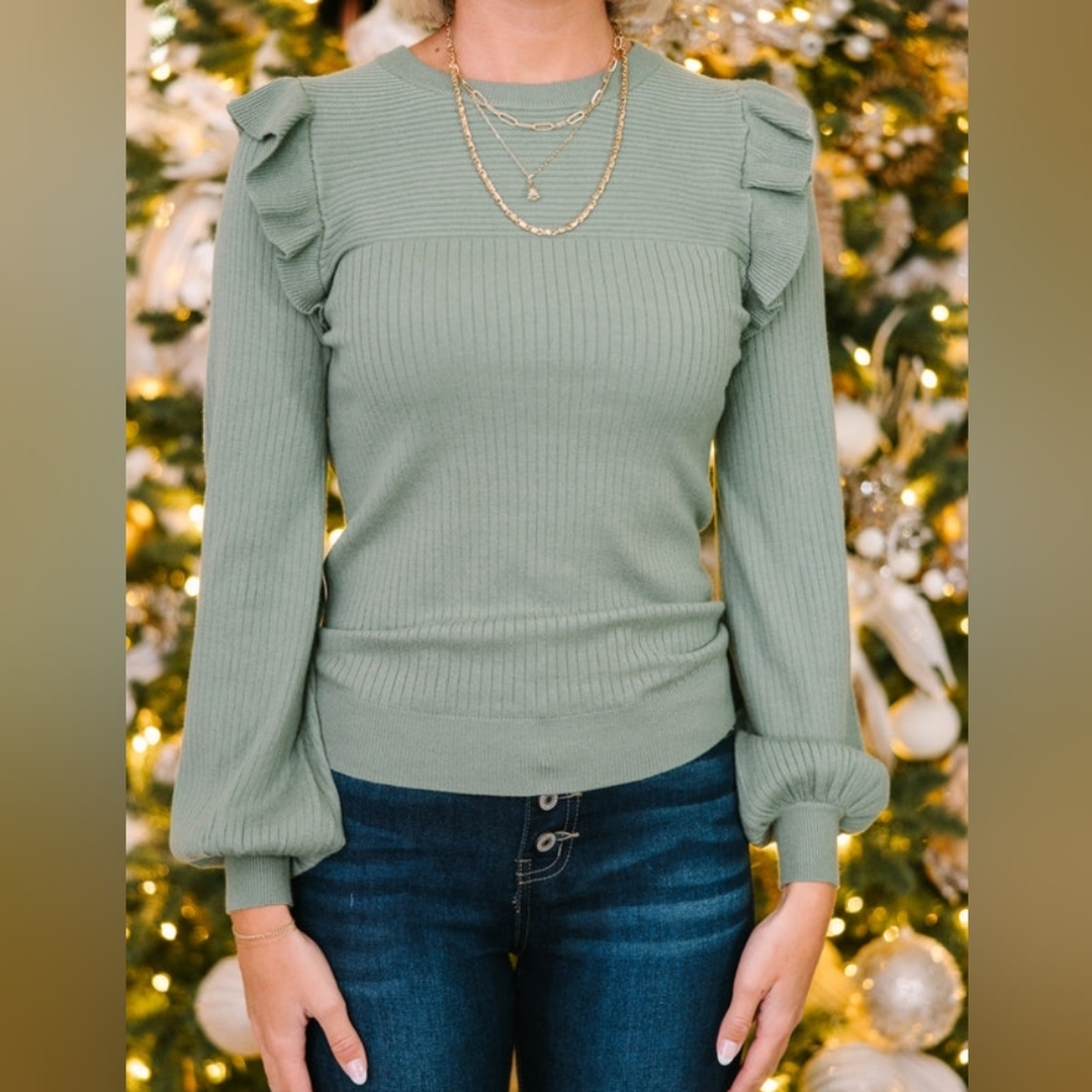 BOGO NWOT- Olive Green Ruffles Sweater- Large - Picture 2 of 6